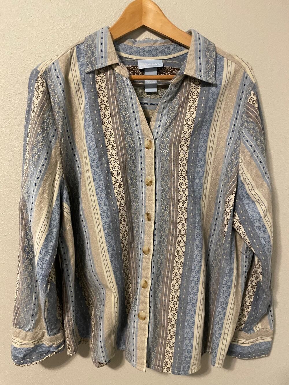 Liz & Me Button Up Shirt Womens 1X Blue Stripe Abstract Cotton Long Sleeve Boho